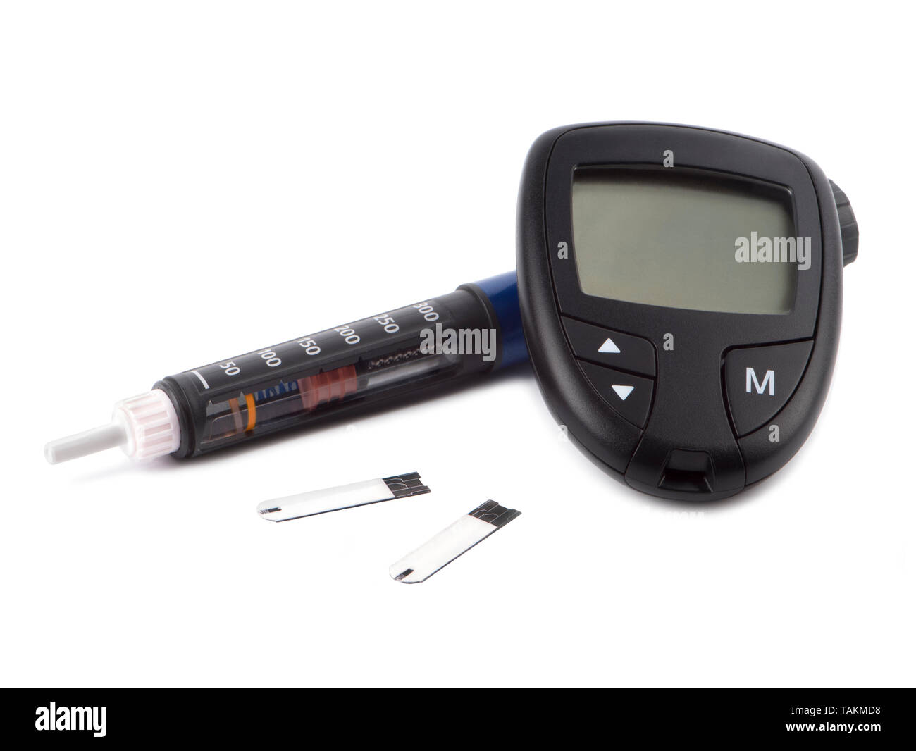 Insulinpen mit glucometer und Test Streifen auf weißem Hintergrund Stockfoto