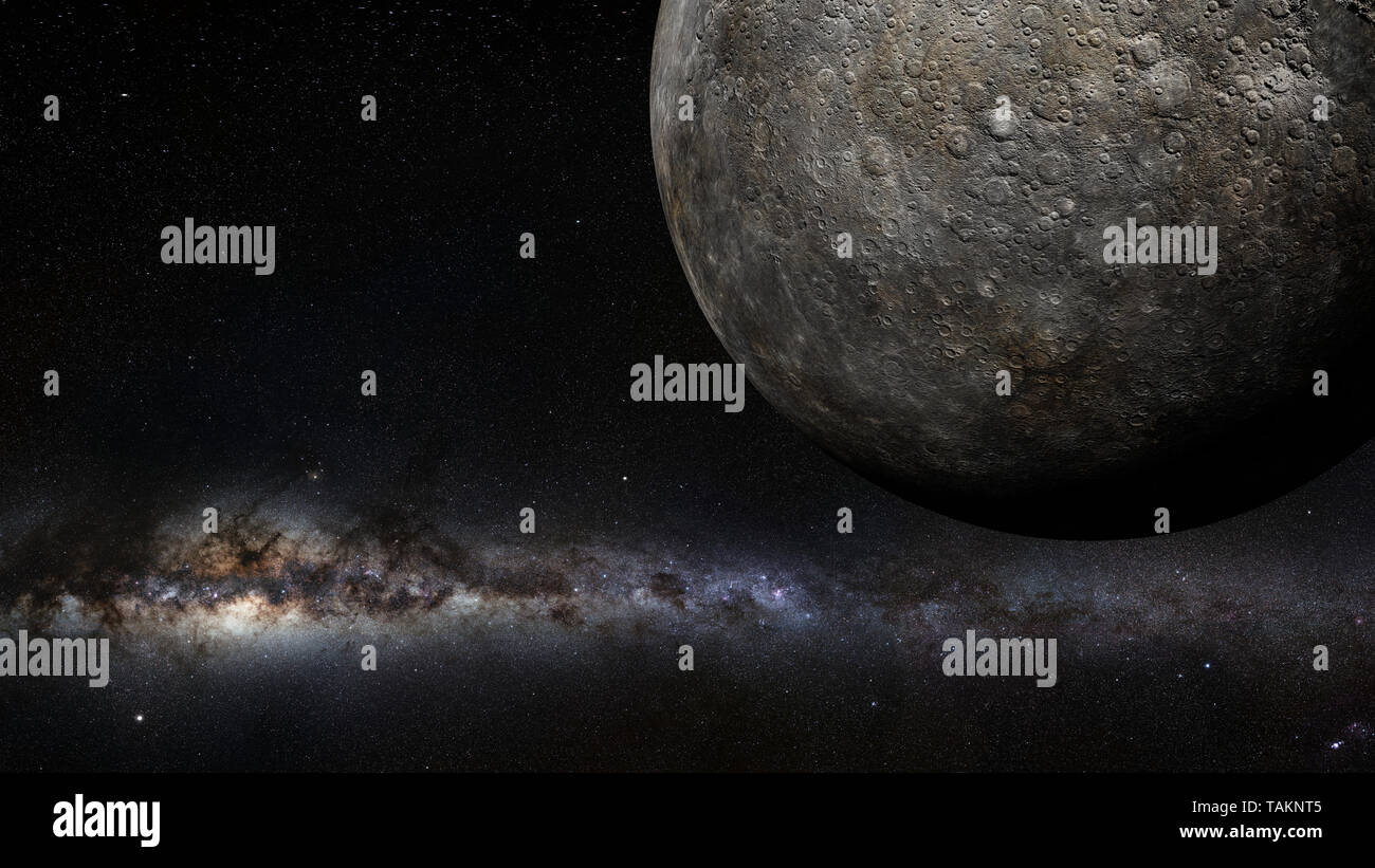 Planeten Merkur beleuchtet durch die Milchstraße (3D-Rendering, Elemente dieses Bild von der NASA eingerichtet sind). Stockfoto