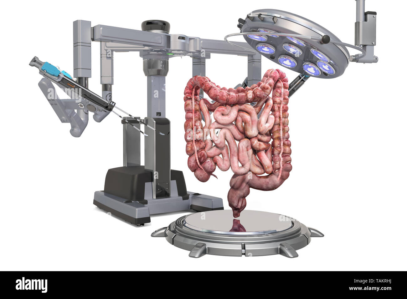 Roboterchirurgie des Darms Konzept, 3D-Rendering auf weißem Hintergrund Stockfoto