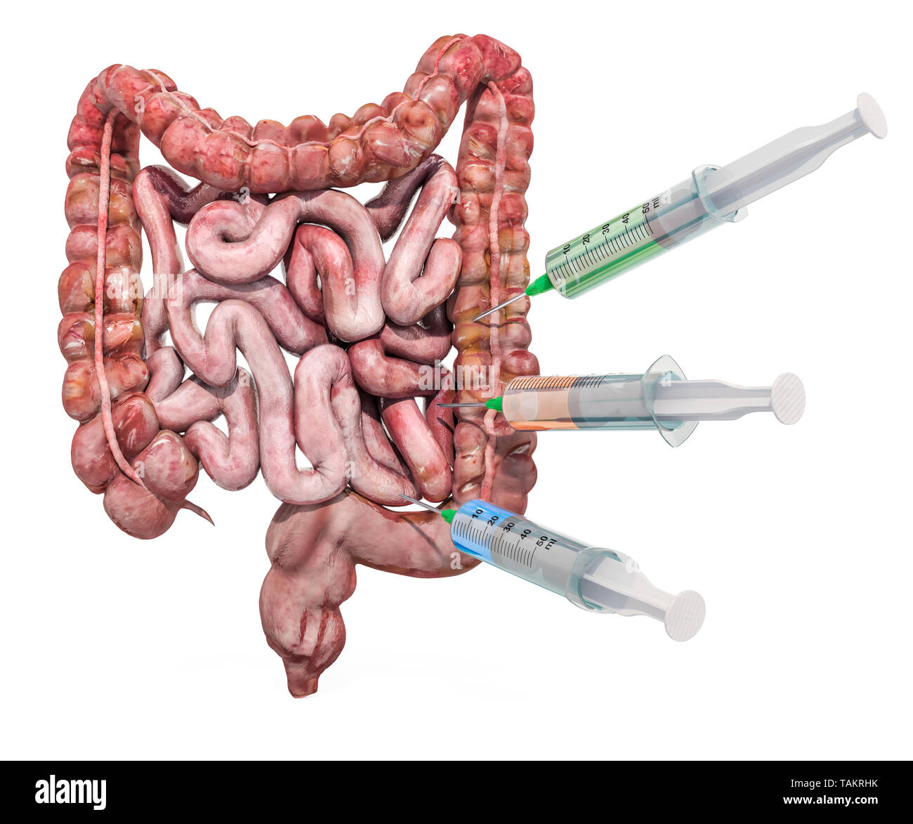 Behandlung und Arzneimittel für Erkrankungen des Darms, 3D-Rendering auf weißem Hintergrund Stockfoto