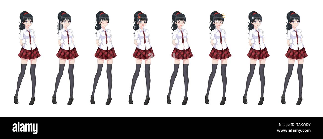 Anime manga girl, Zeichentrickfigur im japanischen Stil. In einem weißen  Hemd, ein roter Rock in einem Käfig, eine Krawatte und schwarze Strümpfe -  Strumpfhosen. Satz von Emotionen. Spr Stock-Vektorgrafik - Alamy