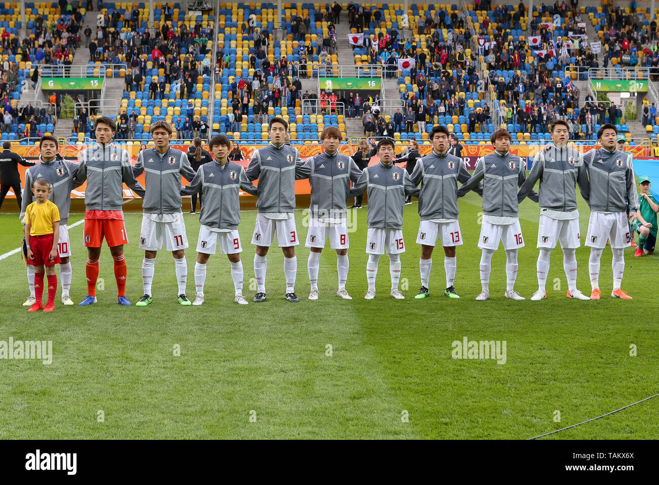 Gdynia Stadion, Gdynia, Polen - 26. Mai, 2019: National Team aus Japan während Teams Präsentation gesehen vor der FIFA U-20-Weltmeisterschaft zwischen Mexiko und Japan (Gruppe B) in Gdynia. (Endstand; Mexiko 0:3 Japan) Stockfoto