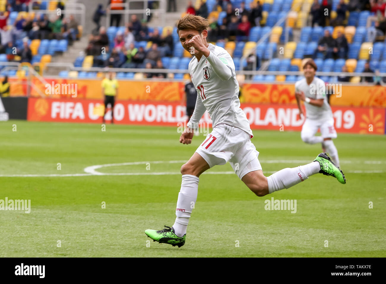 Gdynia Stadion, Gdynia, Polen - 26. Mai, 2019: Kyosuke Tagawa aus Japan gesehen feiern, nachdem er ein Ziel bei der FIFA U-20-Weltmeisterschaft zwischen Mexiko und Japan (Gruppe B) in Gdynia. (Endstand; Mexiko 0:3 Japan) Stockfoto