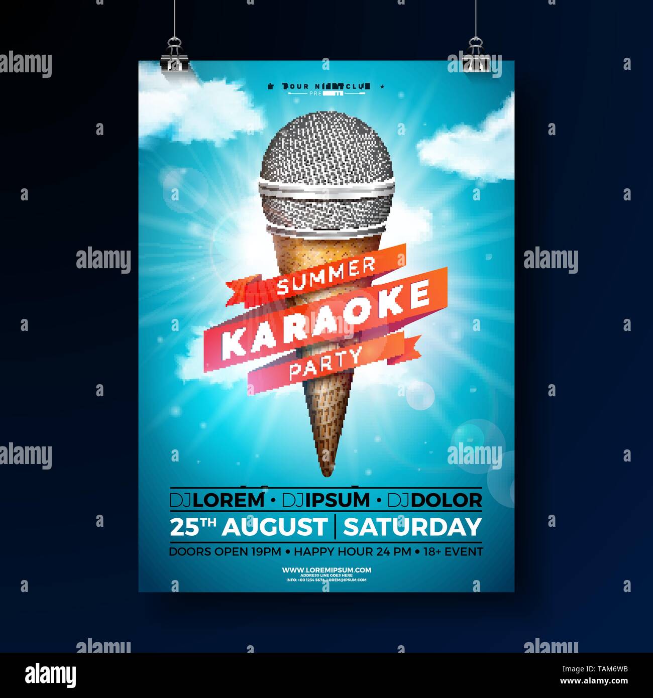 Sommer Karaoke Party Flyer Design mit Mikrofon und Farbband auf blauen bewölkten Himmel Hintergrund. Vektor Sommer Design Template für Banner, Flyer Stock Vektor