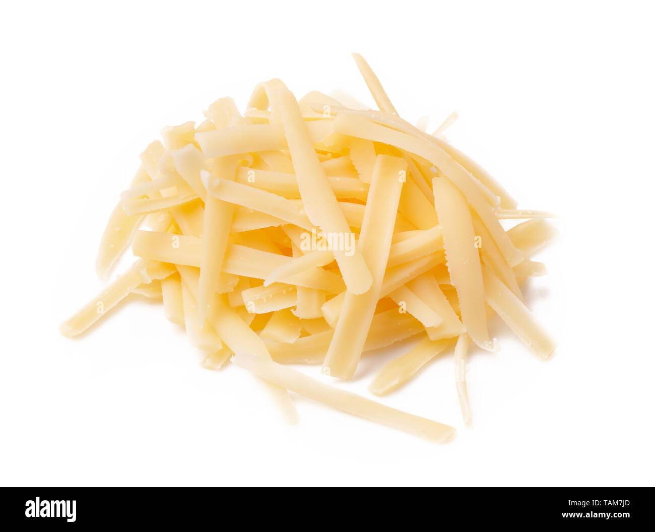 Geriebenen Käse auf weißem Hintergrund. Scheiben Käse. Stockfoto
