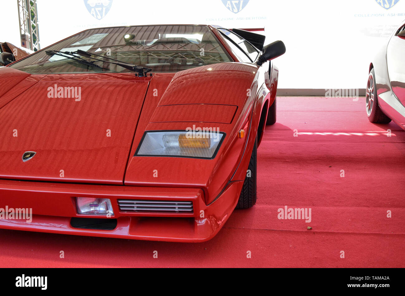 Turin, Piemont, Italien. Juni 2018. An der Valentino Park, der Motor Show. Details der Lamborghini Countach, ein Vintage Modell mit einer extrem Futur Stockfoto