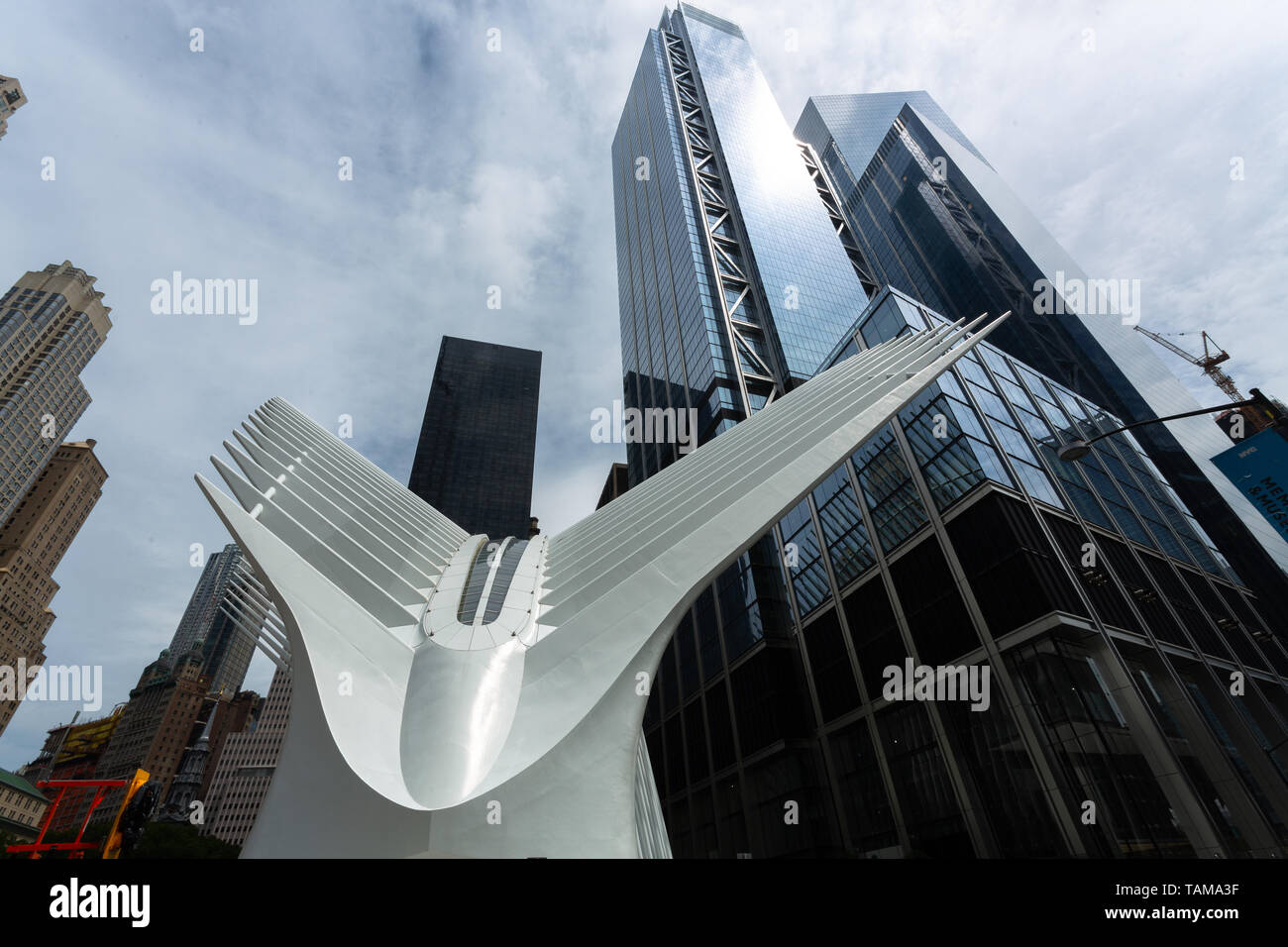 Der Oculus-Transportknotenpunkt mit dem 3 World Trade Center im Hintergrund, Lower Manhattan, New York City, USA. Stockfoto