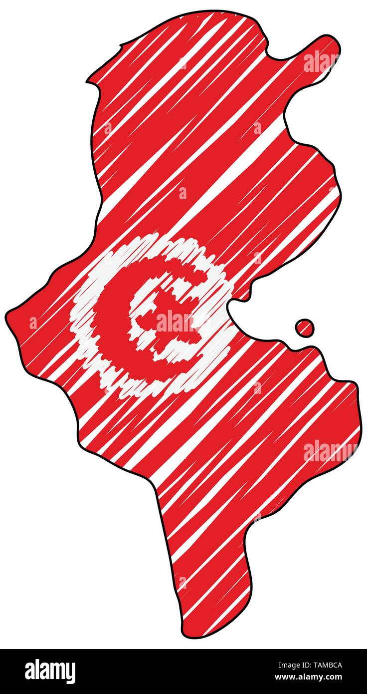 Tunesien Karte Hand gezeichnete Skizze. Vektor Konzeption Illustration flag, Kinder Zeichnen, Kritzeln Karte. Land Karte für Infografik, Broschüren und Stock Vektor