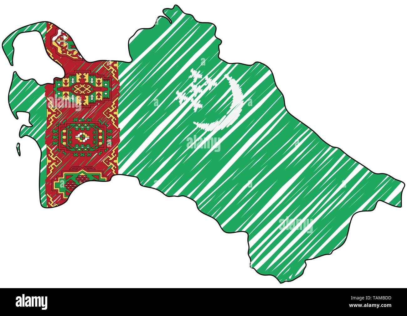 Turkmenistan Karte Hand gezeichnete Skizze. Vektor Konzeption Illustration flag, Kinder Zeichnen, Kritzeln Karte. Land Karte für Infografik, Broschüren und Stock Vektor