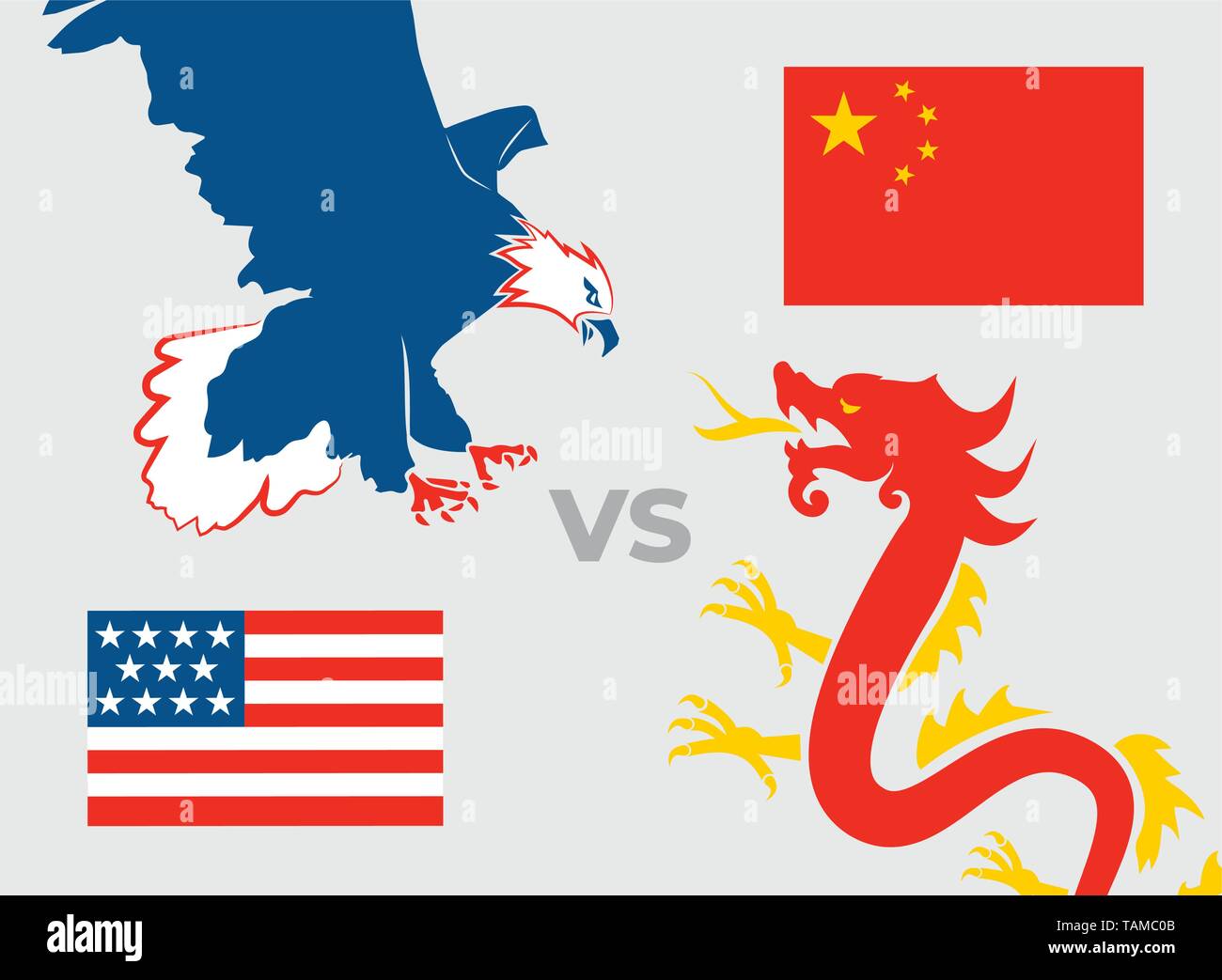 Handelskrieg Konzept USA gegenüber China Adler und Drachen Stock Vektor