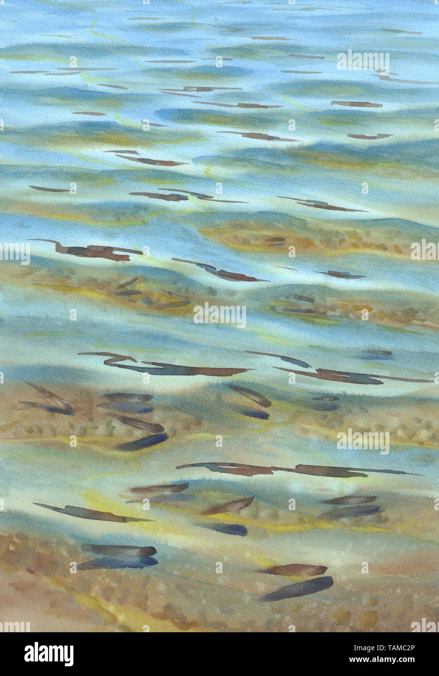 Transparente Meerwasser mit Fischen Aquarell Hintergrund. Sommer Landschaft Stockfoto
