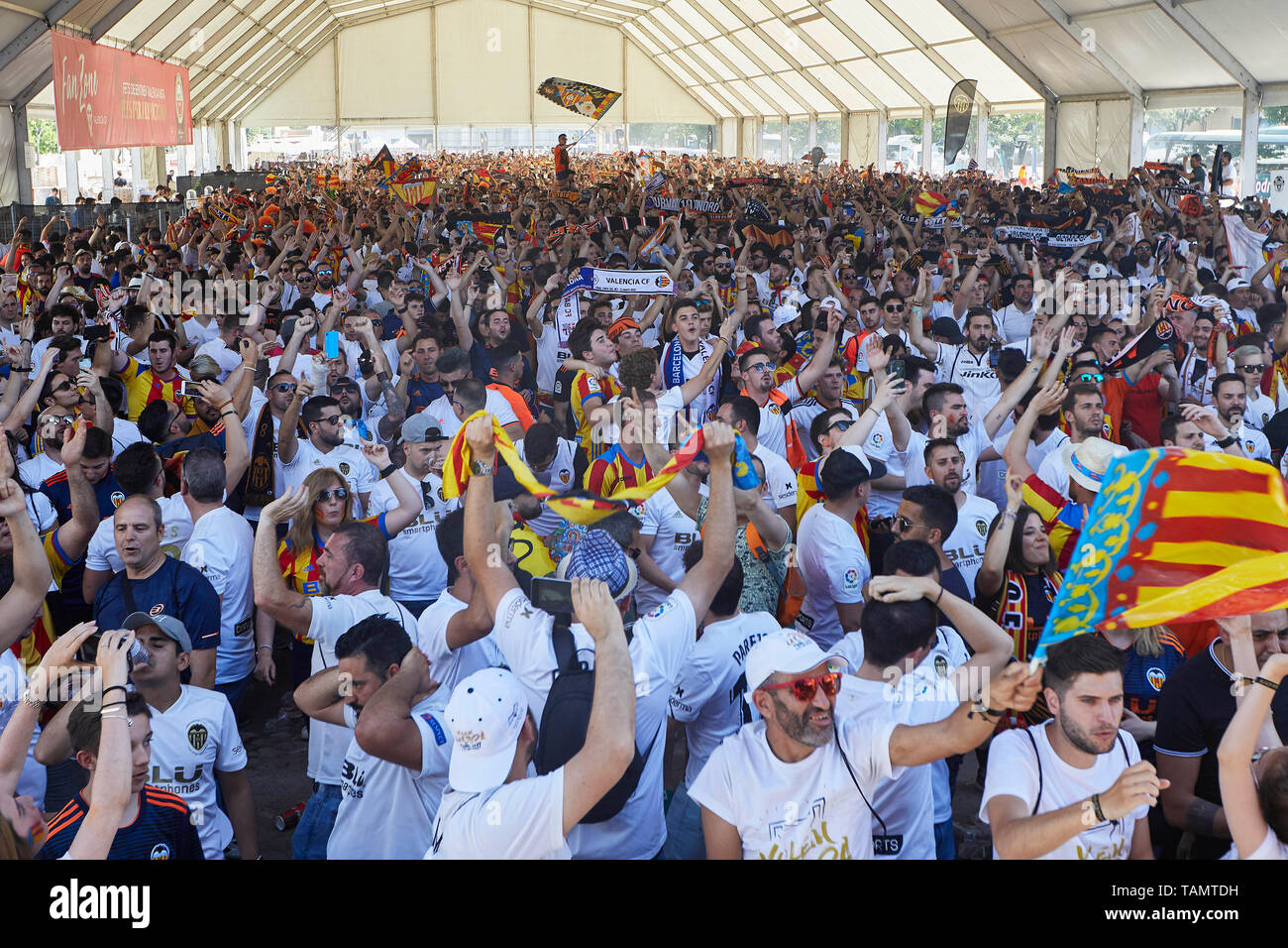 25. Mai 2019, Estadio Benito VillamarIn, Sevilla, Spanien: Copa del Rey Fußball Finale, FC Barcelona gegen Valencia, Valencia Fans in der Fan Zone vor dem Spiel Stockfoto