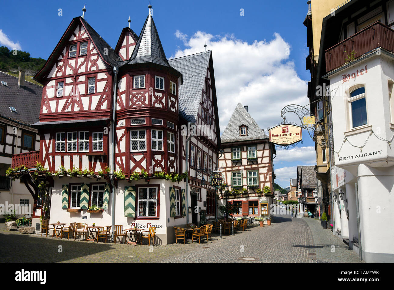 Das alte Haus, Fachwerkhaus in Bacharach, Unesco Welterbe Oberes Mittelrheintal, Rheinland-Pfalz, Deutschland Stockfoto