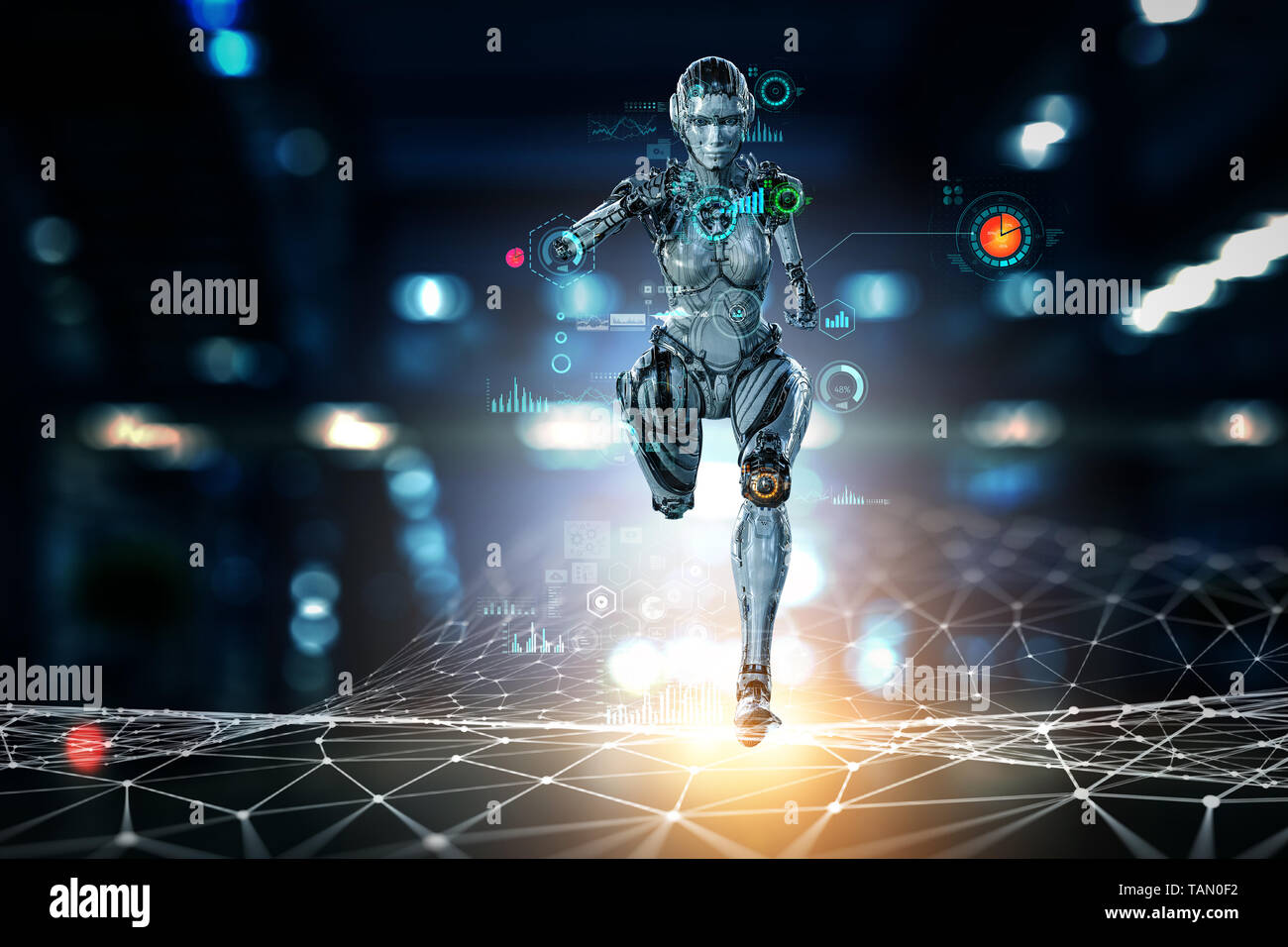 Cyborg glänzend Silber Frau schnell läuft. Mixed Media Stockfoto