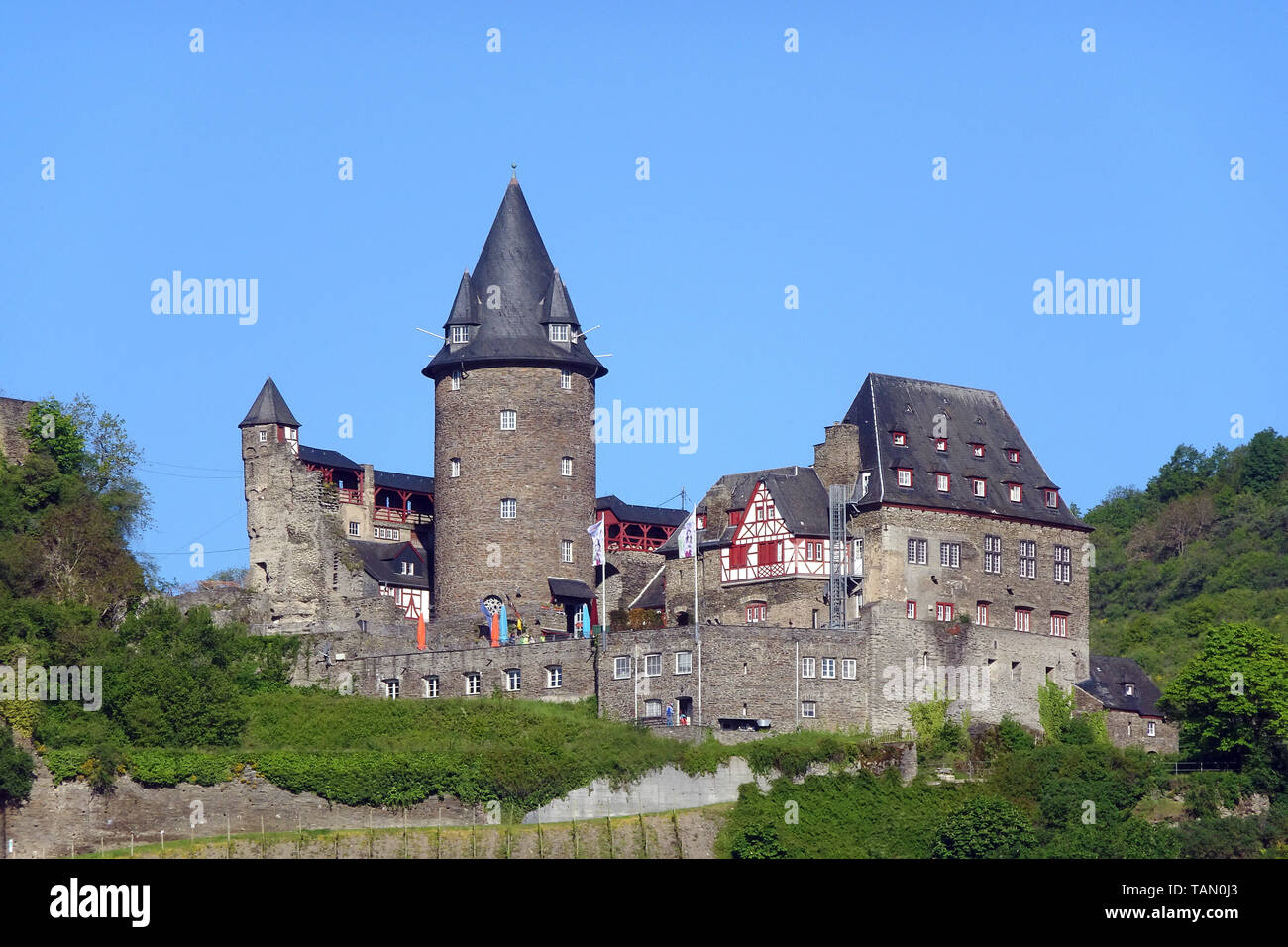 Die Burg Stahleck bei Bacharach, Unesco Welterbe Oberes Mittelrheintal, Rheinland-Pfalz, Deutschland Stockfoto