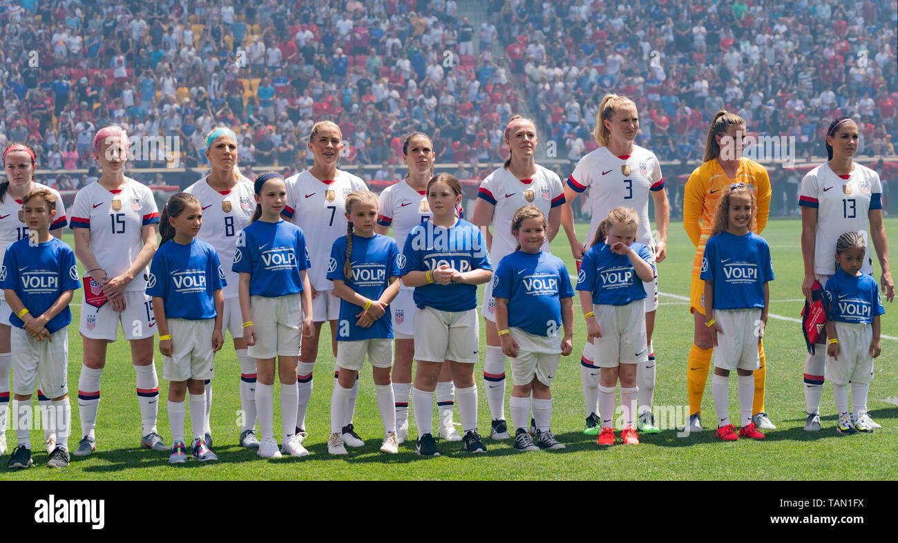 Harrison, NJ - 26. Mai 2019: Elf der USA auf der Eröffnungsfeier der freundlich Spiel gegen Mexiko als Vorbereitung auf die Frauen-WM auf Red Bull Arena USA gewann 3 - 0 Stockfoto