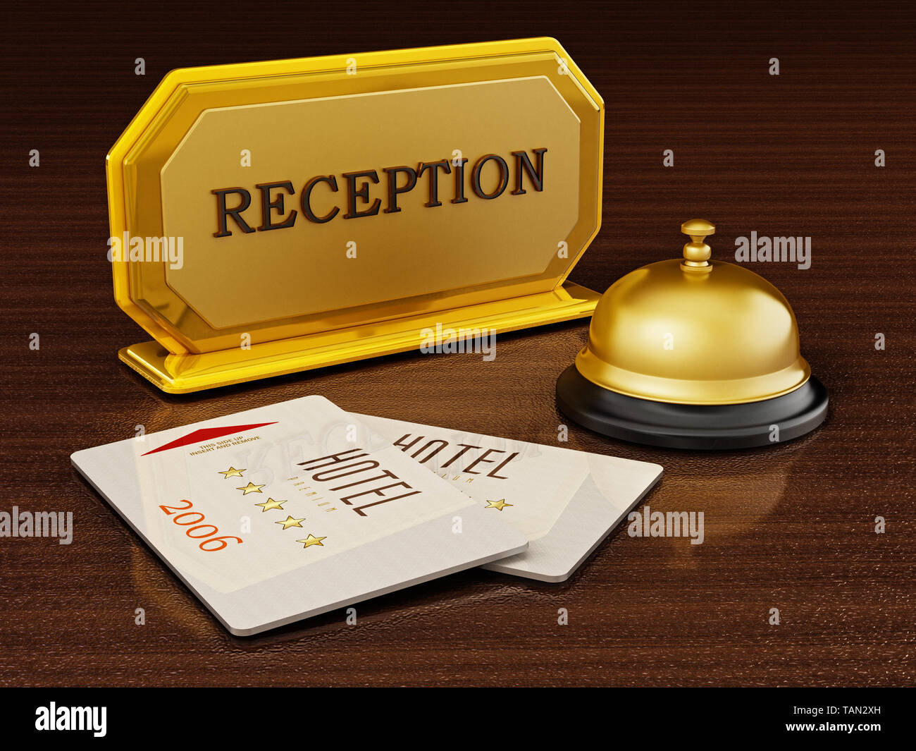 Hotel Key Card, Glocke und Rezeption im Hotel Rezeption. 3D-Darstellung. Stockfoto