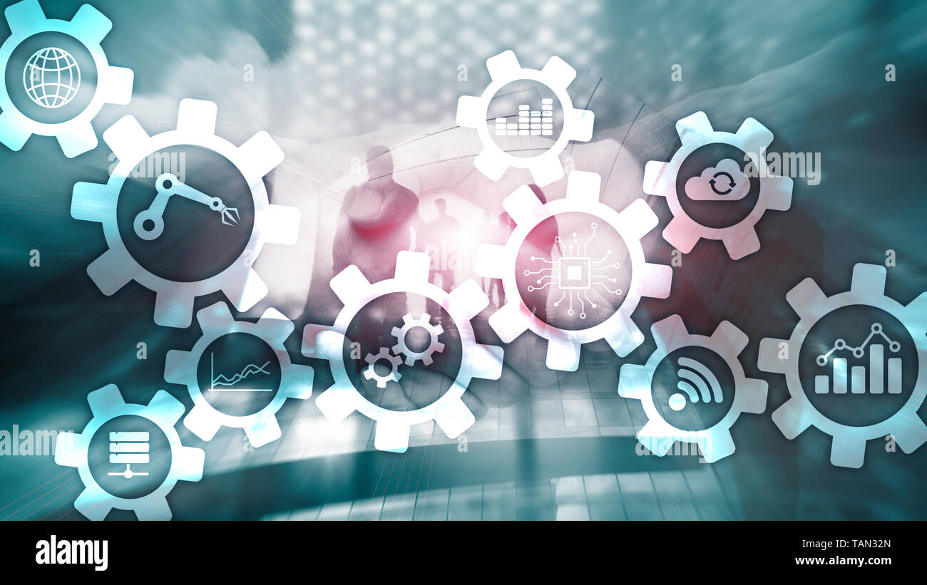 Automatisierungstechnik und smart Industrie Konzept auf unscharfen Abstrakt Hintergrund. Zahnräder und Symbole. Stockfoto