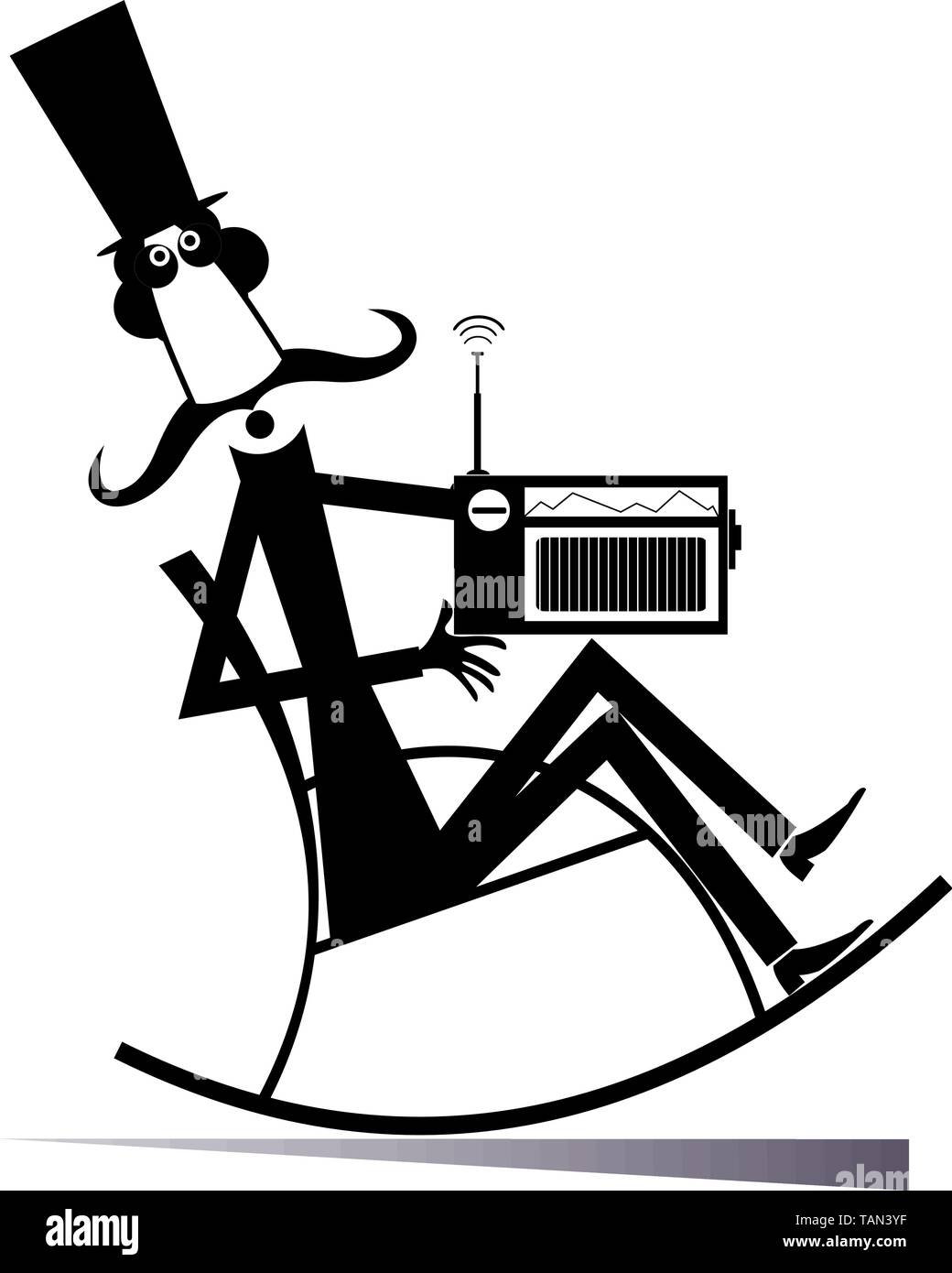 Langen Schnurrbart Mann in der Hut sitzt im Schaukelstuhl und hört Radio Schwarz auf Weiß illustartion Stock Vektor