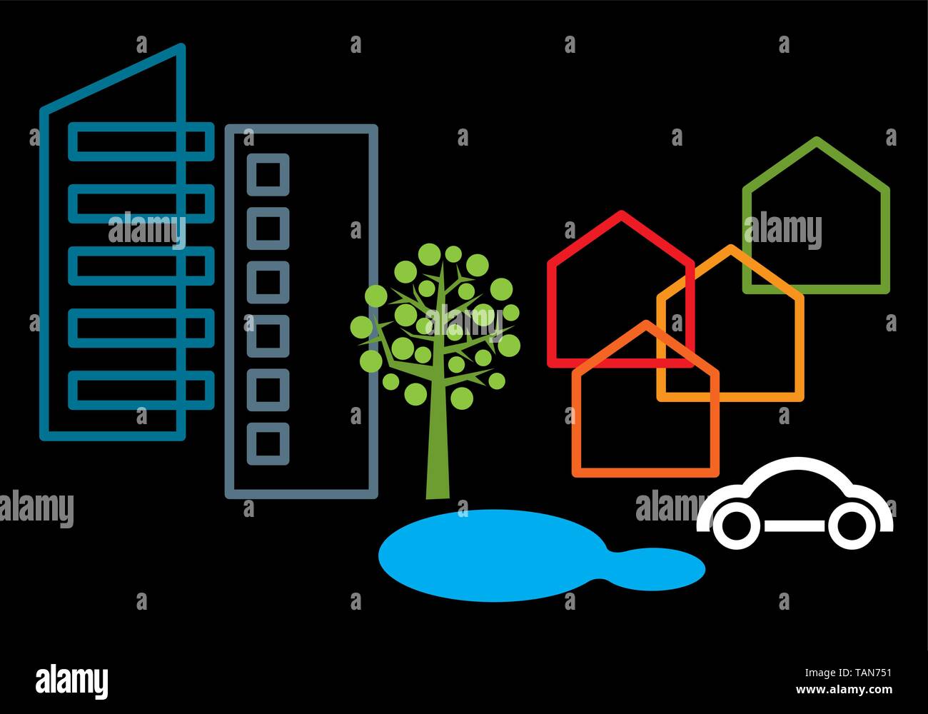 Stadt Symbole. Gebäude, Baum, Auto, park Wasser und Haus Vector Illustration Stock Vektor