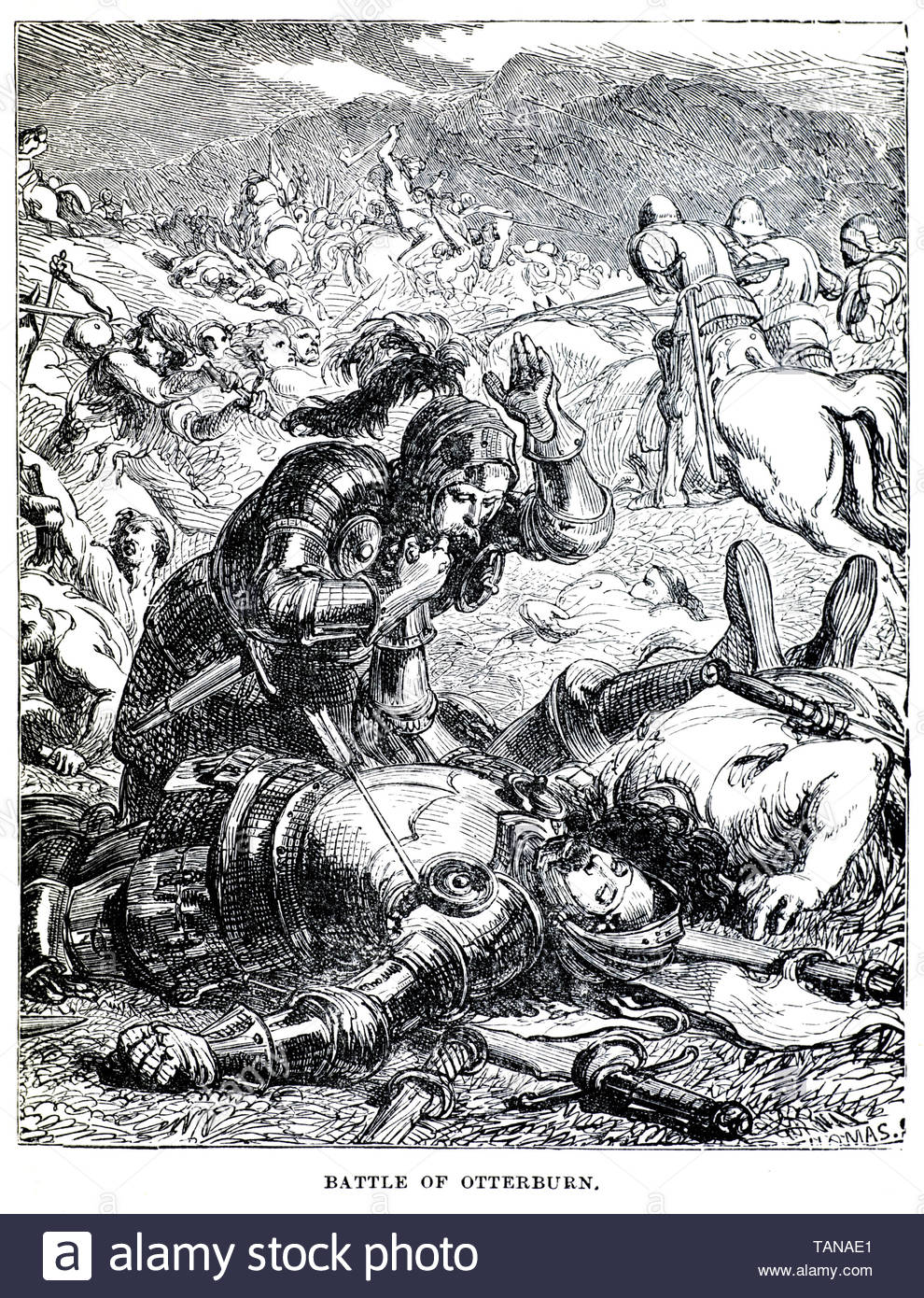 Tod von James Douglas in der Schlacht bei Otterburn im August 1388 während Grenzscharmützel zwischen den Schotten und Englisch Stockfoto