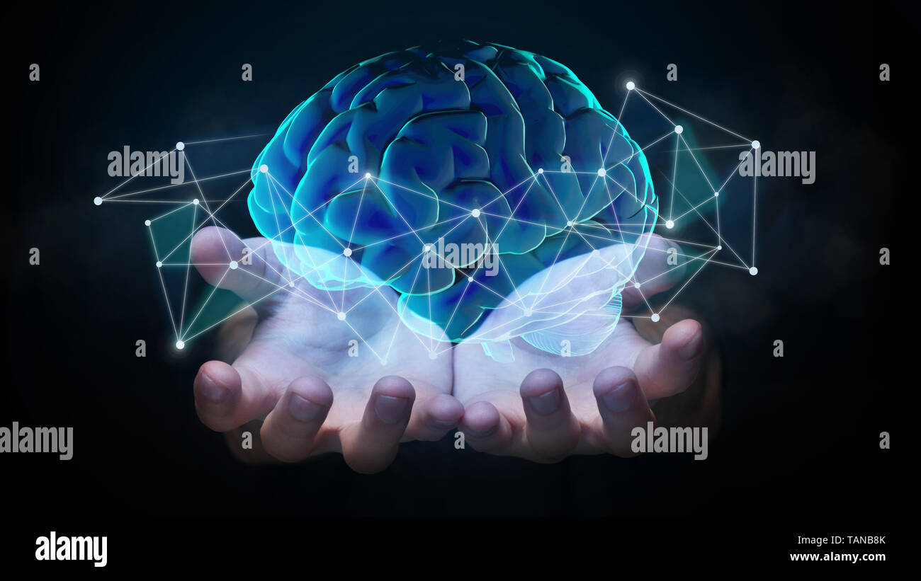 Hände halten Hologramm des Gehirns mit Netzwerkverbindungen Stockfoto