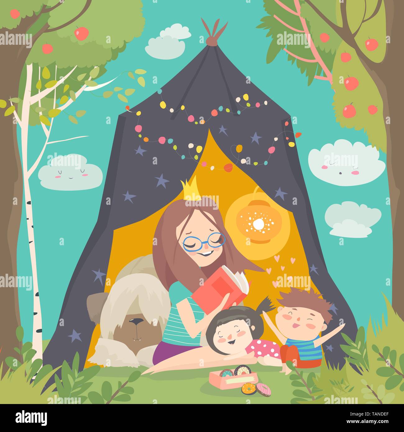 Mutter und ihre Kinder Buch in einem Tipi Zelt im Garten Stock Vektor