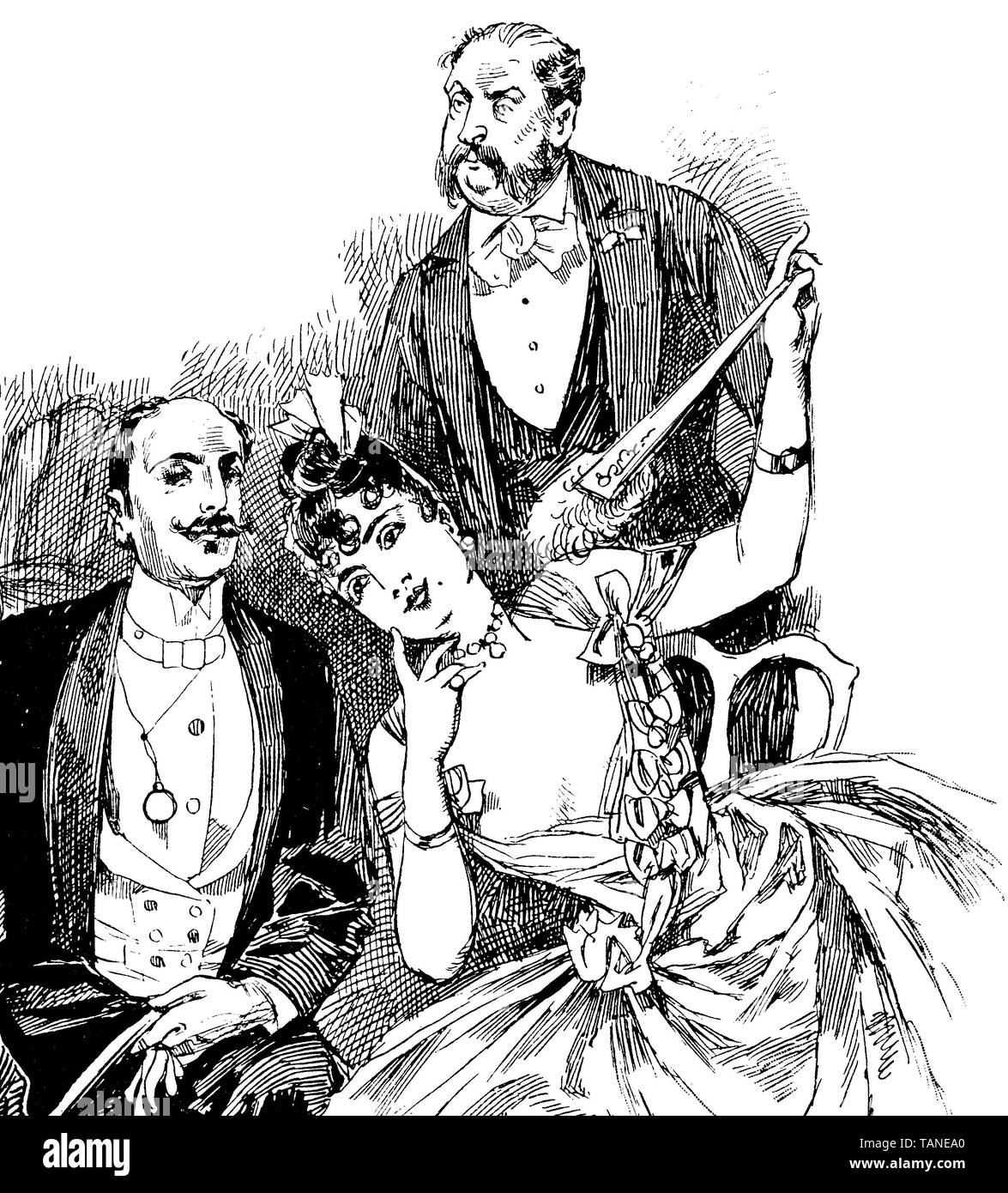 Zwei Mann und eine Frau an einer Veranstaltung elegant und selbstbewusst Stockfoto