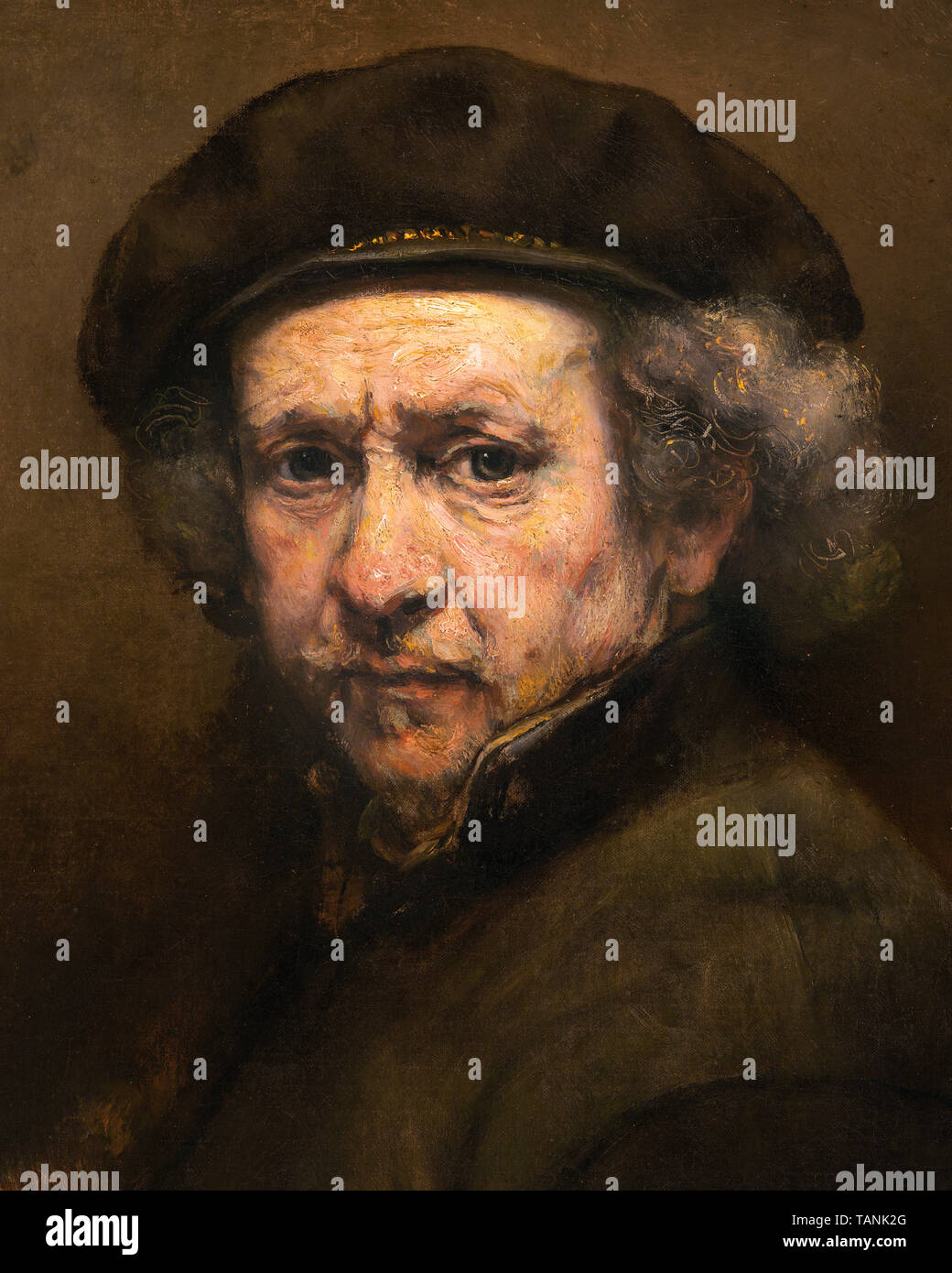 Rembrandt van Rijn, Selbstbildnis, (mit Baskenmütze und Stehkragen), (Detail), Malerei, 1659 Stockfoto