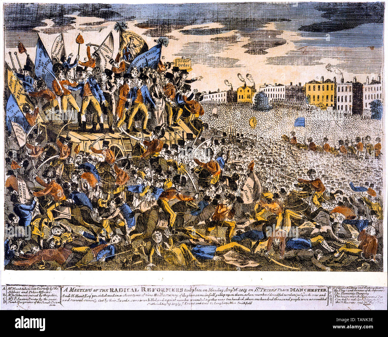 Die peterloo Massaker in Manchester, England, 16. August 1819, Gravieren, 1819 Stockfoto