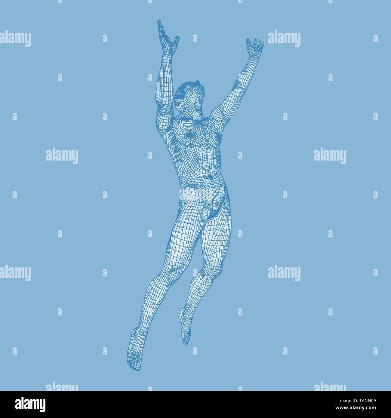 Silhouette eines springenden Menschen. 3D-Modell des Menschen. Geometrischen Design. Polygonale bedeckenden Haut. Menschliche Körper Kabel Modell. Vector Illustration. Stock Vektor