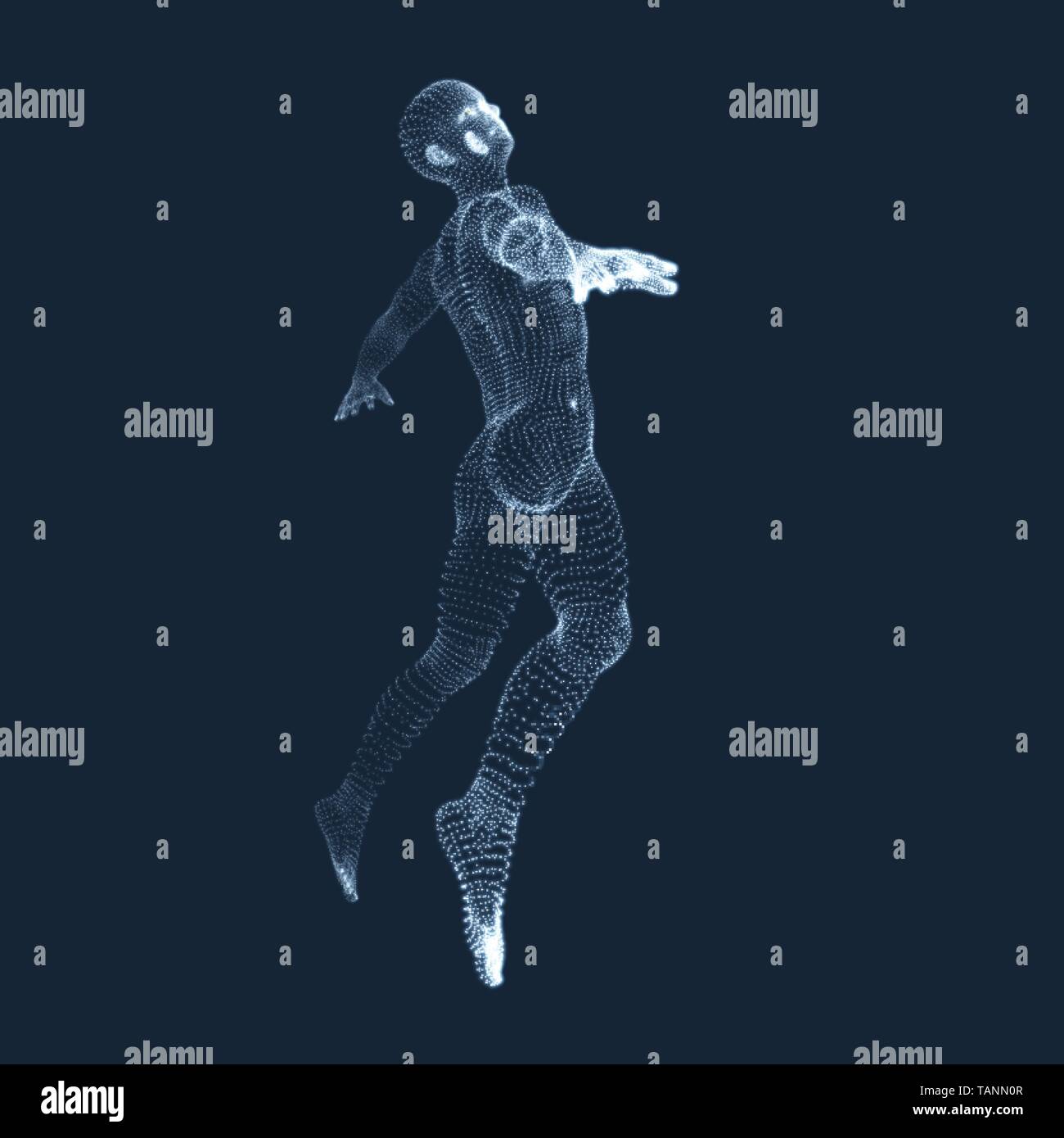 Jumping Man. Vektorgrafiken aus Teilchen. 3D-Modell des Menschen. Human Body Model. Body Scanning. Ansicht von der menschlichen Körper. Stock Vektor