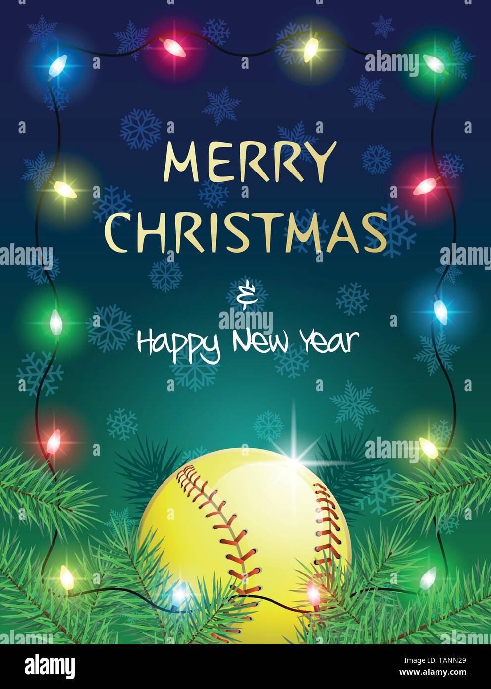 Frohe Weihnachten und guten Rutsch ins neue Jahr. Sport Grußkarte mit Softball ball und Weihnachtsbeleuchtung. Vector Illustration. Stock Vektor