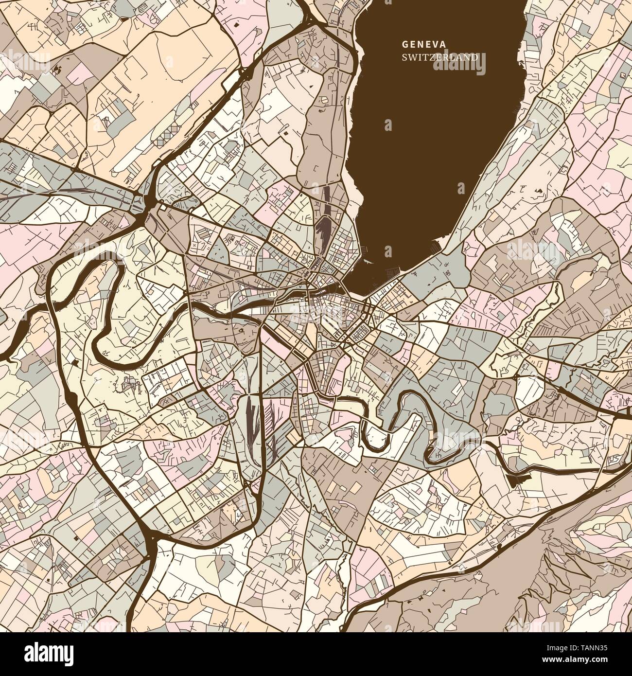 Karte von Genf, Schweiz, braun gefärbte Version für Apps, Print oder Web Hintergründe Stock Vektor