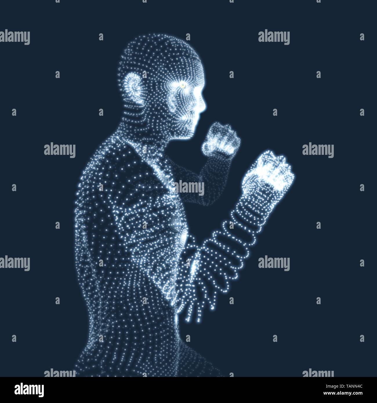Boxer. Kampf gegen die Menschen. 3D-Modell des Menschen. Human Body Model. Body Scanning. Ansicht von der menschlichen Körper. Vektorgrafiken aus Teilchen. Stock Vektor