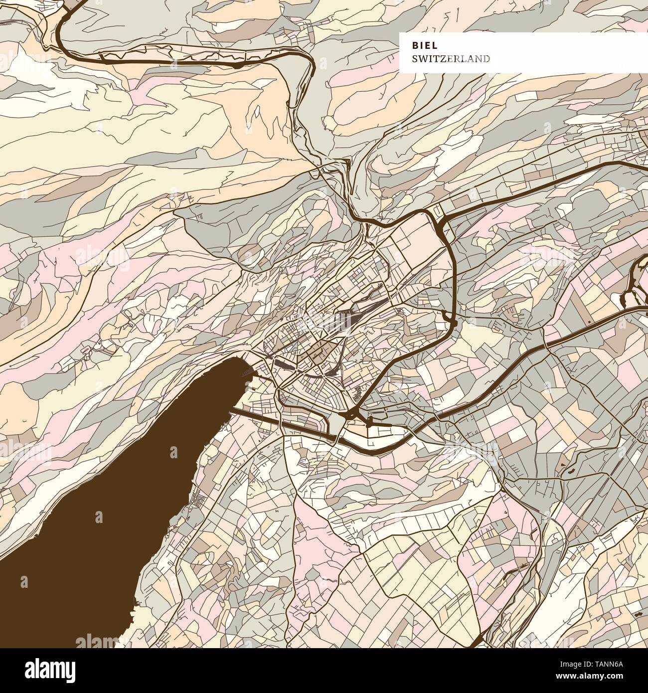 Karte von Biel Schweiz, braun gefärbte Version für Apps, Print oder Web Hintergründe Stock Vektor