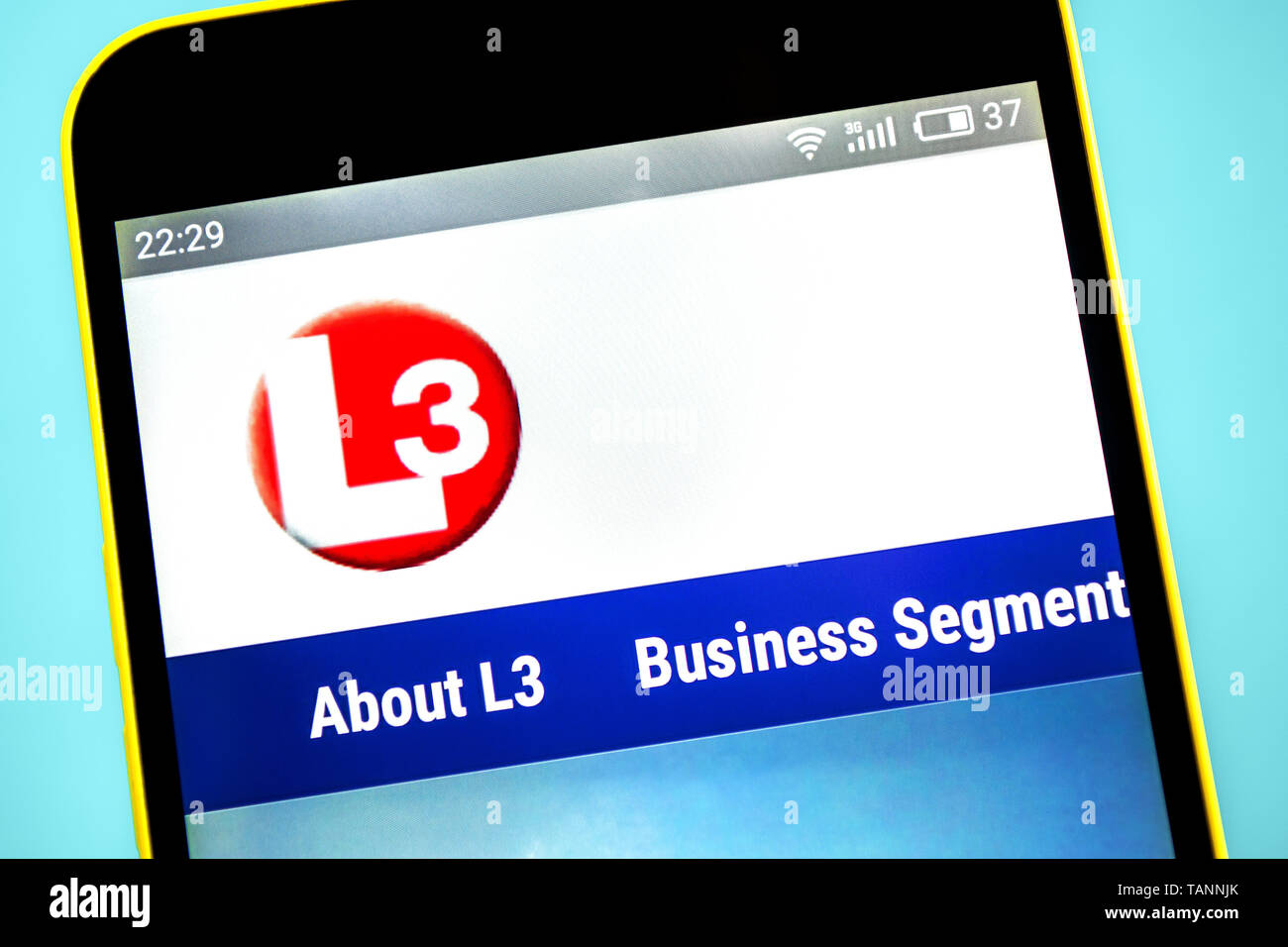Berdyansk, Ukraine - 23. Mai 2019: L 3 Technologien für Luft- und Raumfahrt Homepage. L3 Technologies Logo sichtbar auf dem Bildschirm "Telefon" Stockfoto