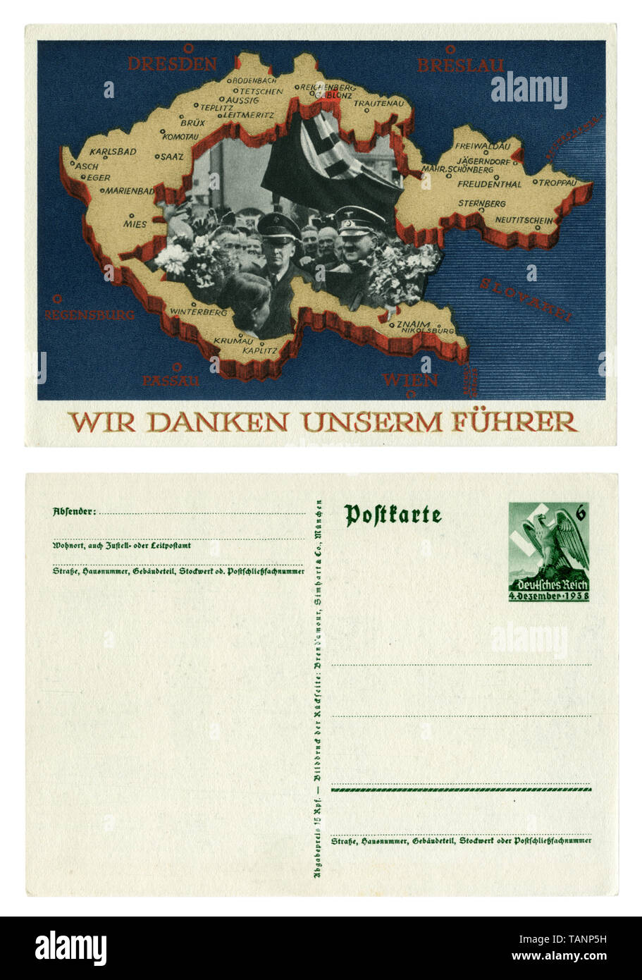 Deutsche Historische Postkarte: Volksabstimmung über den Beitritt des Sudetenlandes. Die annexion von Teilen der Tschechoslowakei. 29 September 1938, Leer rückwärts Stockfoto
