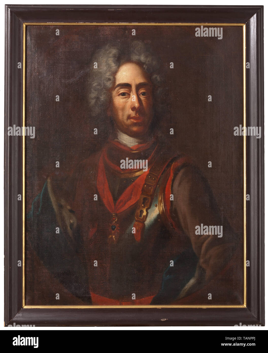 Prinz Eugen von Savoyen (1663-1736) - ein großes Portrait Malerei, 18. Jahrhundert, Öl auf Leinwand, unsigniert. Brustbild in ovaler Ausschnitt, der Kopf in drei Viertel Profil. Der Prinz trägt eine allonge Perücke, Krawatte, Cuirass, der Orden vom Goldenen Vlies und Hermelin Mantel an der Spitze. Verdoppelt Leinwand, auf einem neuen Rahmen aus Holz montiert. In einem neuen, teilweise vergoldeten Rahmen (leicht beschädigt). Oberfläche wiederhergestellt, Spuren des Alters. Dimensionen der Malerei ca. 92 x73 cm, Abmessungen der Rahmen ca. 103 x 84 cm. Dieses zeitgenössische Malerei war, Artist's Urheberrecht nicht geklärt zu werden. Stockfoto