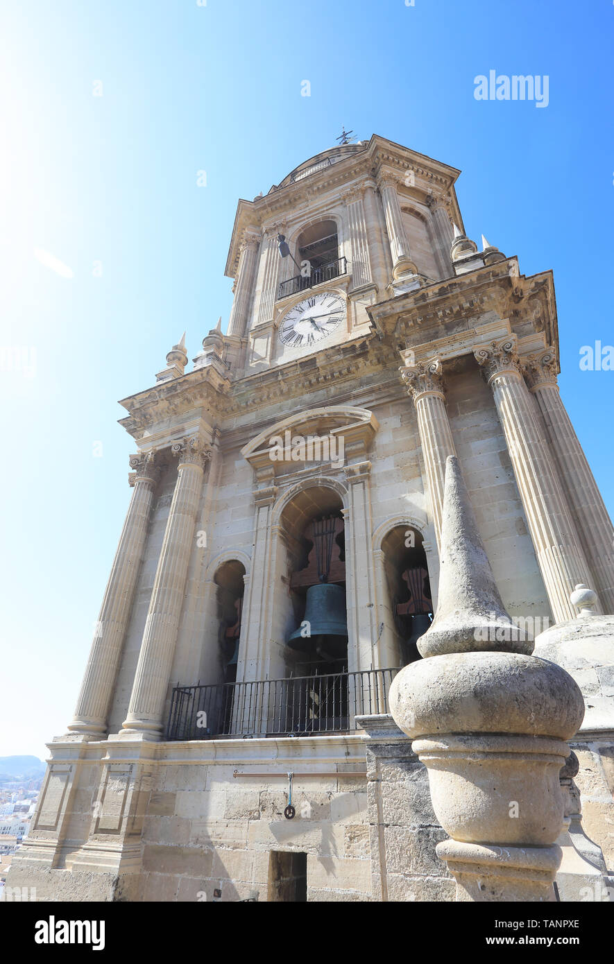 Der Glockenturm der schönen Kathedrale von Malaga, im Zentrum der Stadt an der Costa del Sol in Andalusien, in Spanien, Europa Stockfoto