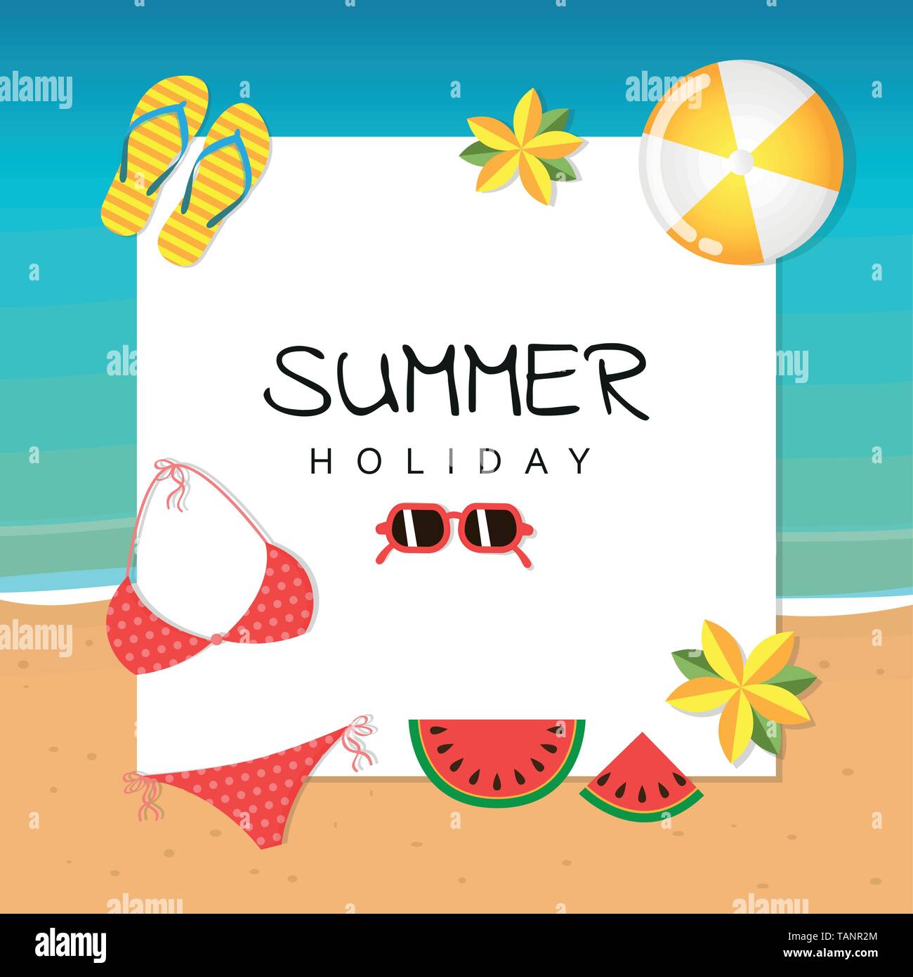 Sommerurlaub Design mit bikini Sonnenbrillen flip flops Wassermelone ball und Blumen Vektor-illustration EPS 10. Stock Vektor