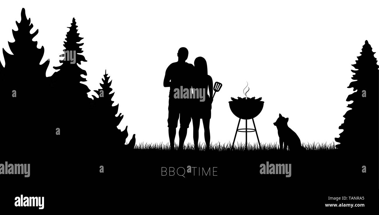 Bbq zeit Paar mit Hund und Wasserkocher Barbecue im Wald silhouette Vektor-illustration EPS 10. Stock Vektor