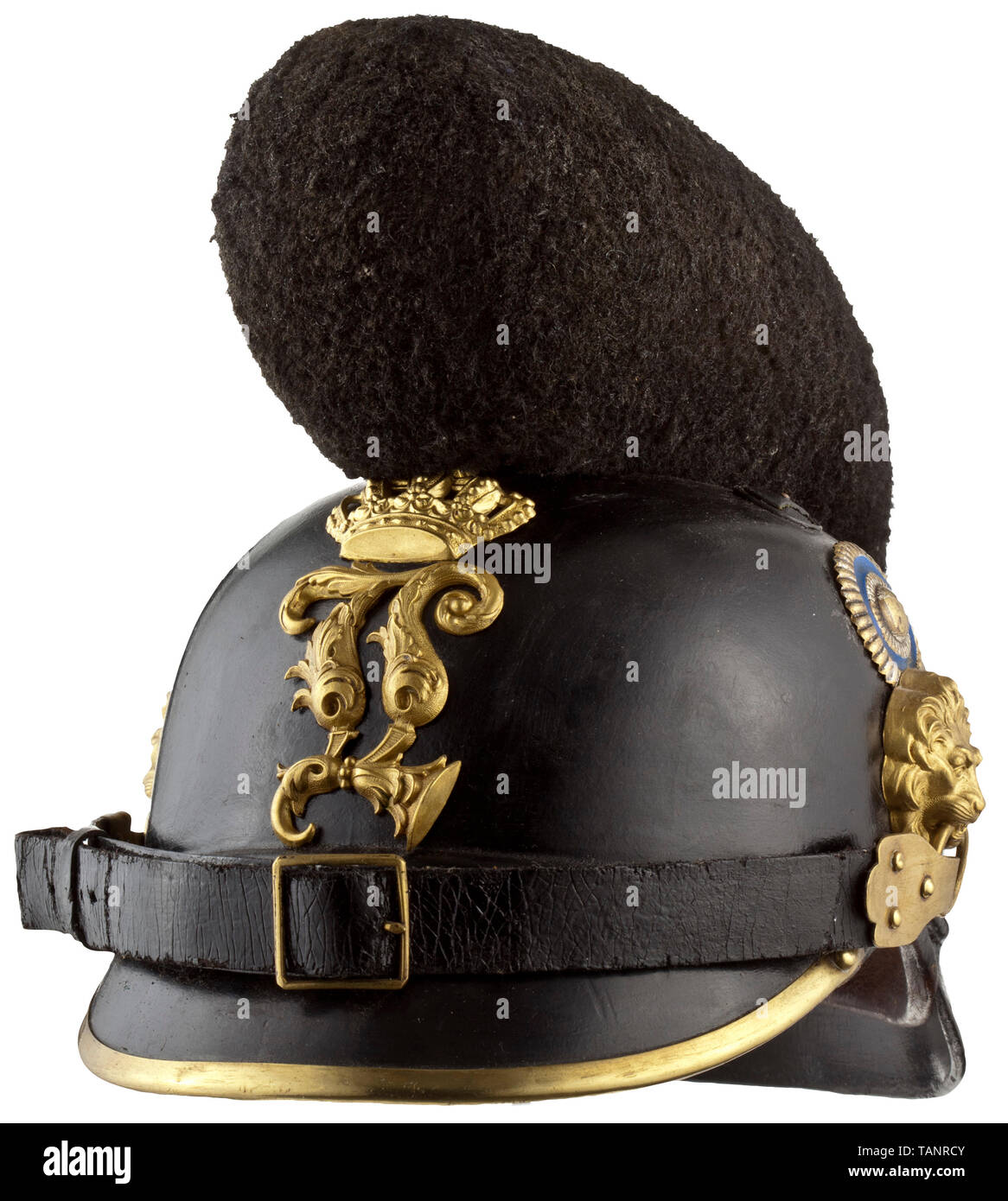 Schutzkleidung, Helme, Bayerische Infanterie Helm Modell 1868, 2. Bayerische Infanterie Regiment "Kronprinz", stationiert in München, Leder mit goldenen Armaturen, Monogramm von König Ludwig II, Editorial-Use - Nur Stockfoto