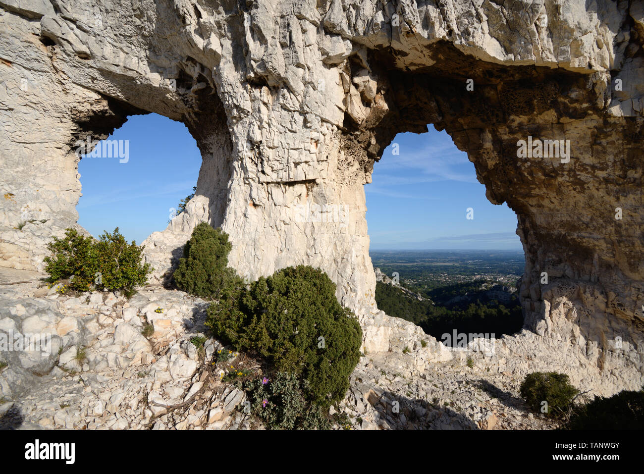 Wie ein Gesicht mit zwei Augen, Le Rocher des Deux Trous, oder zwei Löcher Rock, Caume, Alpillen oder Les Alpilles, Saint-Rémy-de-Provence Stockfoto