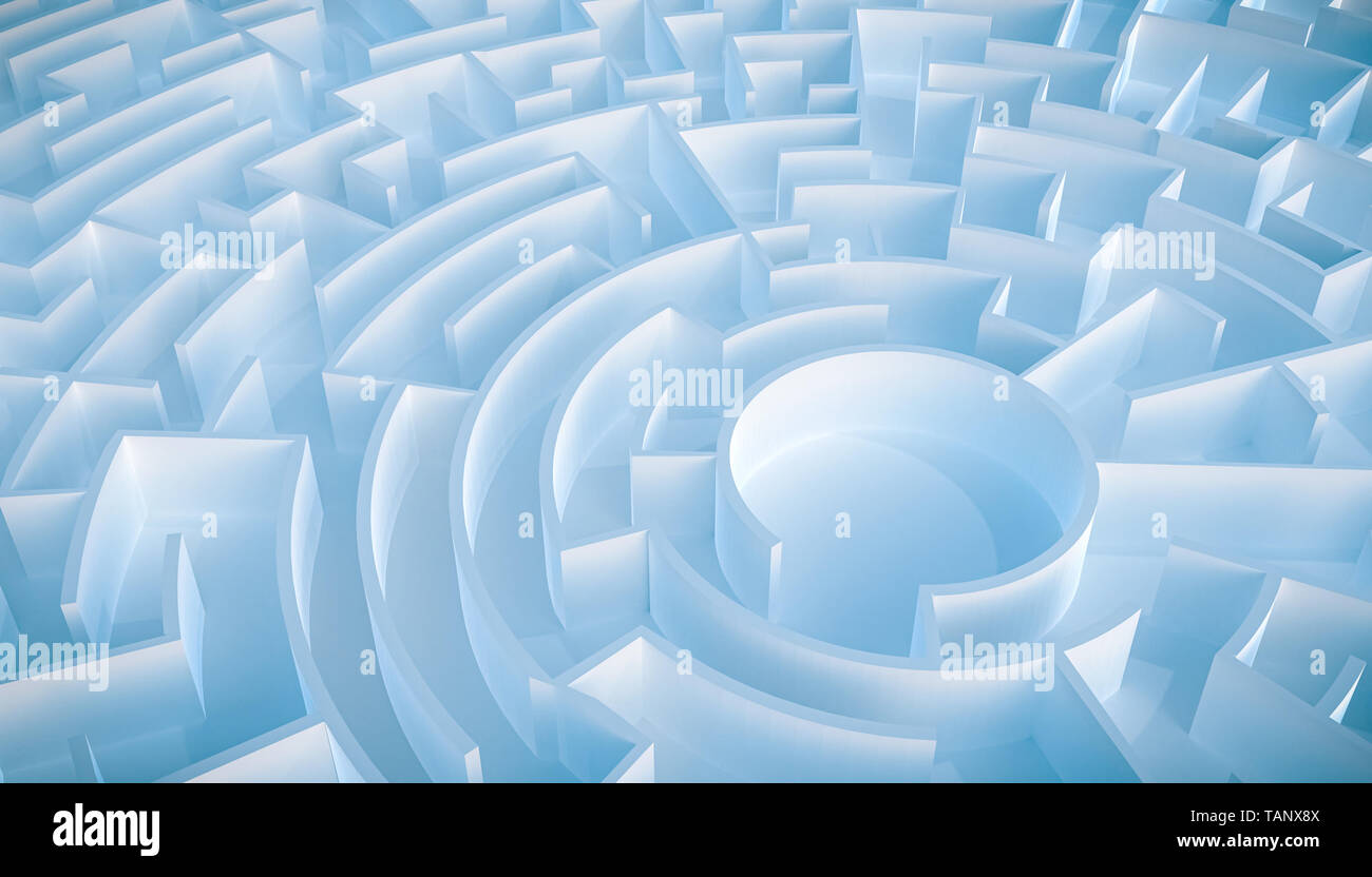 Runde leere Labyrinth oder Irrgarten Luftaufnahme. 3D-Render Abbildung. Stockfoto