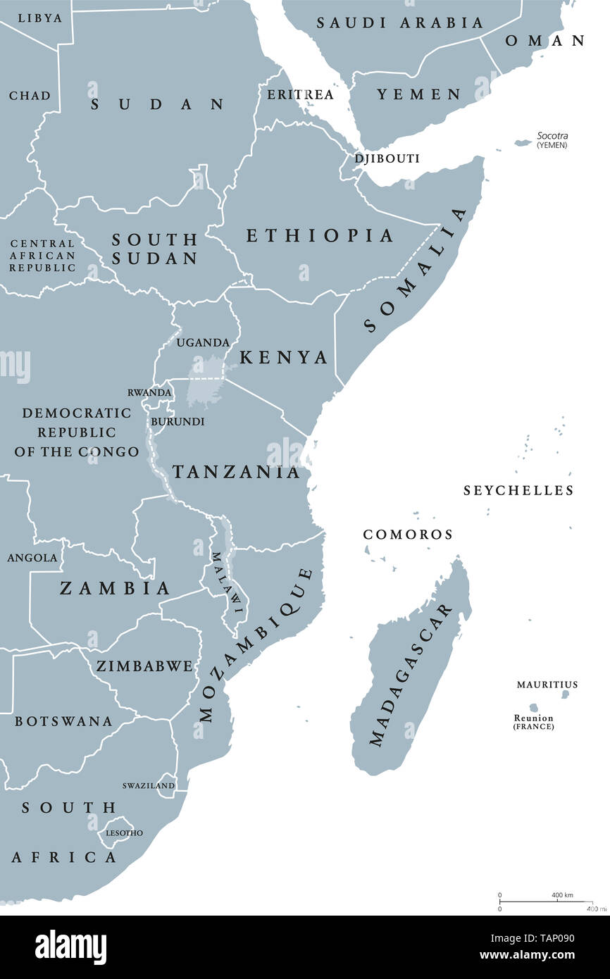 Osten Afrika, die politische Karte. Bereich mit Grenzen. Östliche Region des afrikanischen Kontinents, auch als Östliche Afrika. Grau Abbildung. Stockfoto