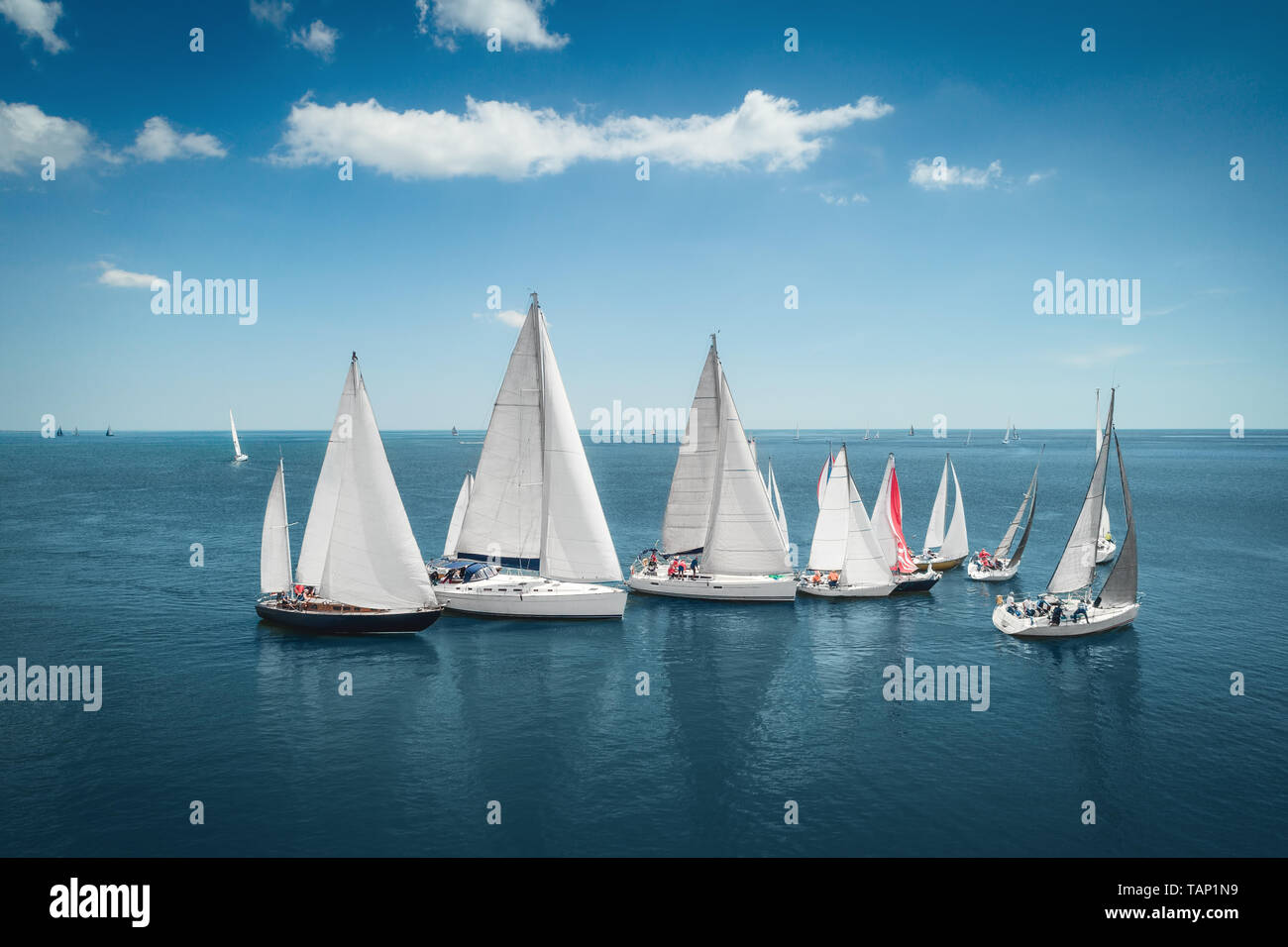 Regatta segeln Schiff Yachten mit weißen Segeln am Meer eröffnet. Luftaufnahme von Segelboot in windigen Zustand. Stockfoto