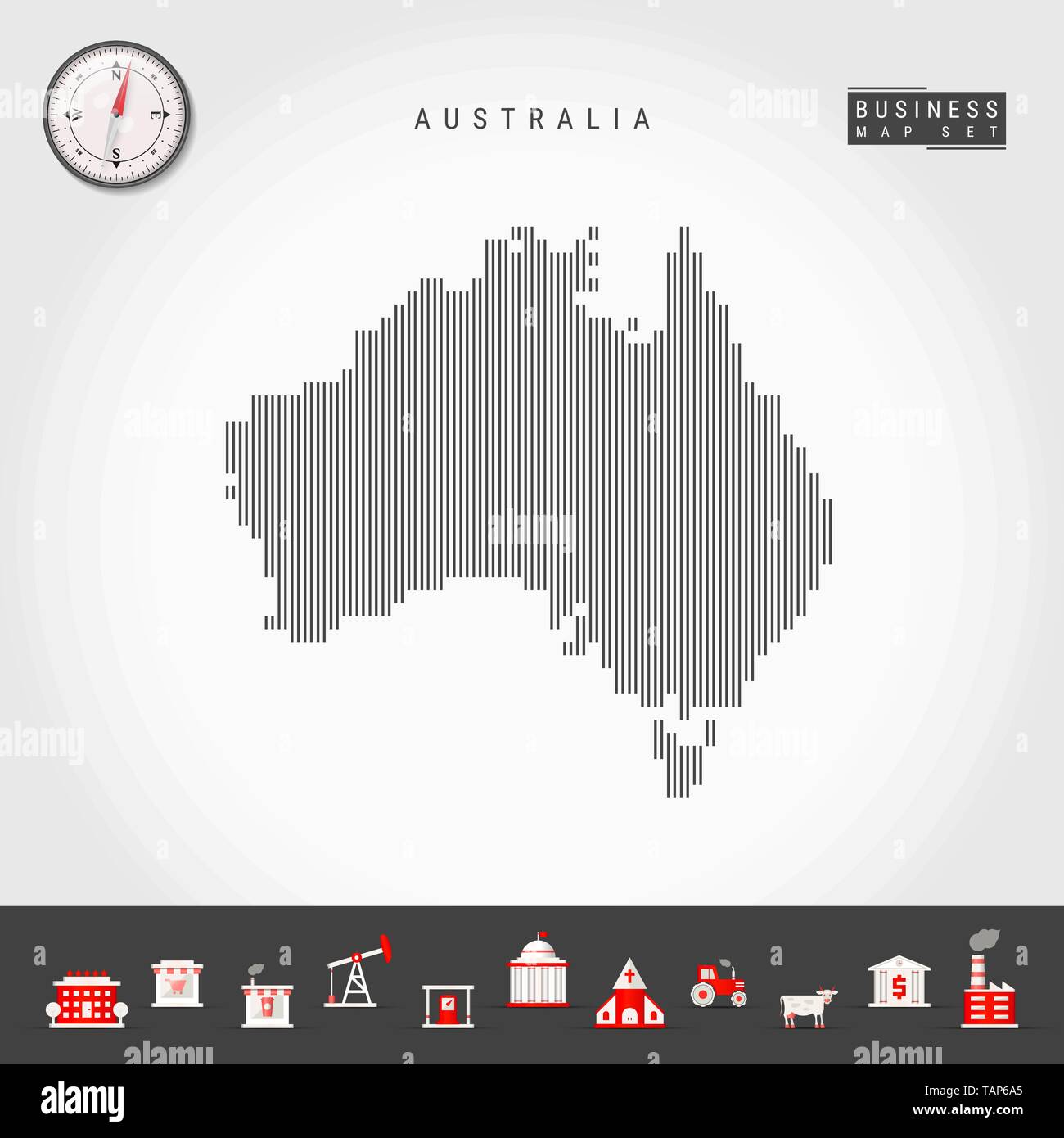 Vektor vertikale Linien Muster Karte von Australien. Gestreift Einfache Silhouette von Australien. Realistische Vektor Kompass. Business Infografik Symbole. Stock Vektor