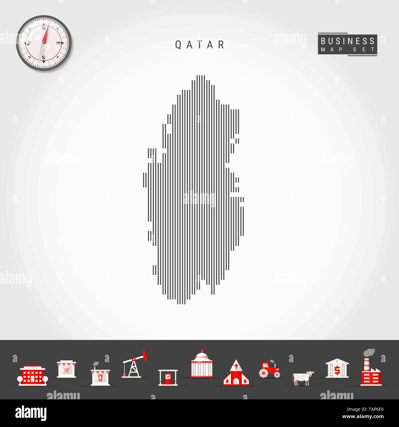 Vektor vertikale Linien Muster Karte von Qatar. Gestreift Einfache Silhouette von Qatar. Realistische Vektor Kompass. Business Infografik Symbole. Stock Vektor