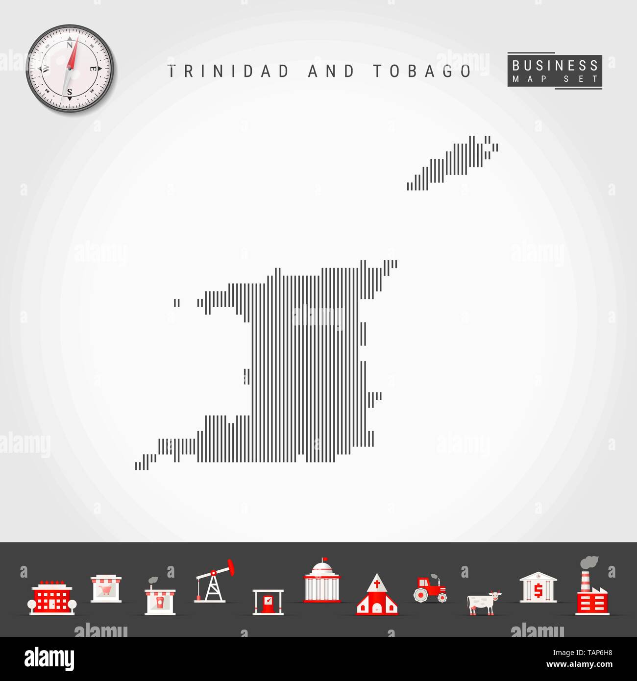 Vektor vertikale Linien Muster Karte von Trinidad und Tobago. Gestreift Einfache Silhouette. Realistische Vektor Kompass. Business Infografik Symbole. Stock Vektor